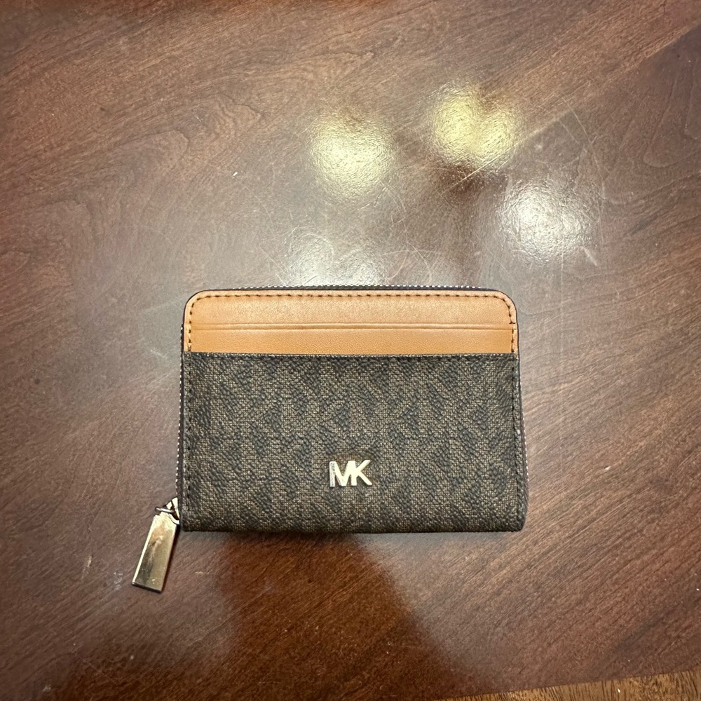 michael kors dark brown and camel monogram zippered wallet gold hardware